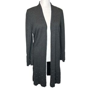 Chico's Cardigan Sweater Duster Faux Pearl MED Pleated Mid-Length Gray